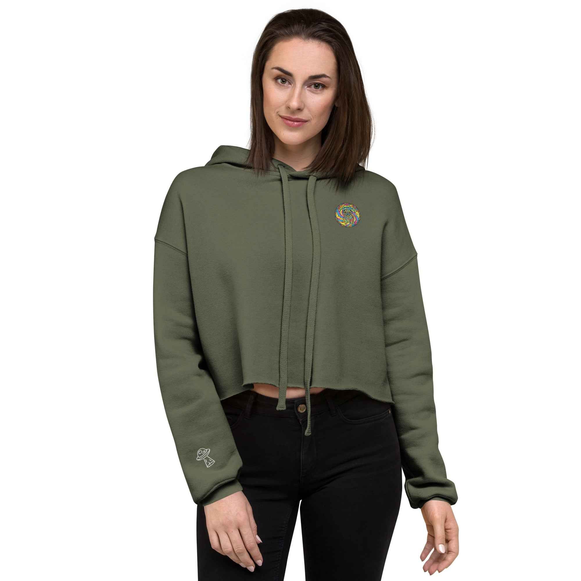 Leaky Ts Sadgirl X cosmic pug crop hoodie for women in military green, featuring a front graphic design.