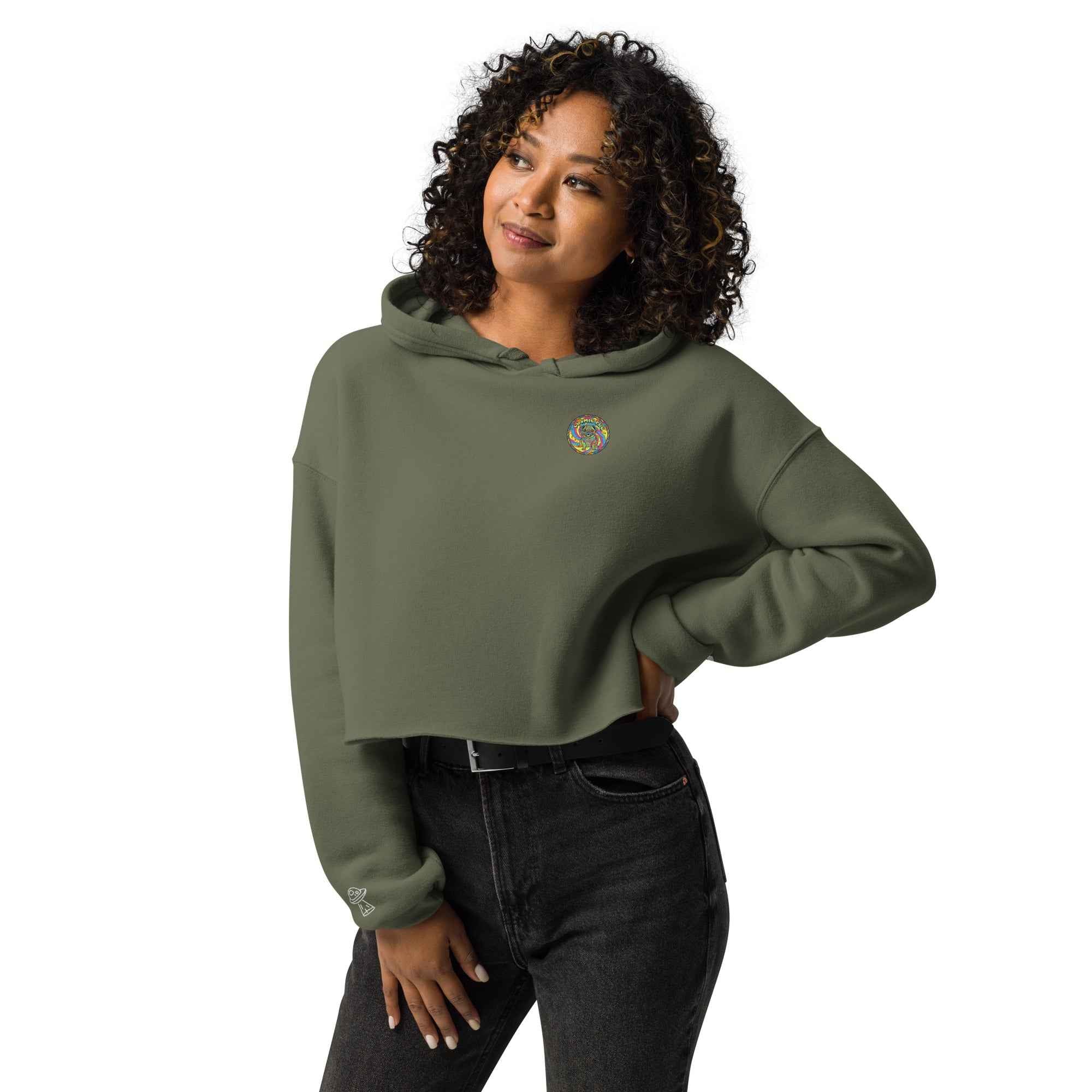 Leaky TS Sadgirl X Cosmic Pug cropped hoodie for women in military green, featuring front graphic design.