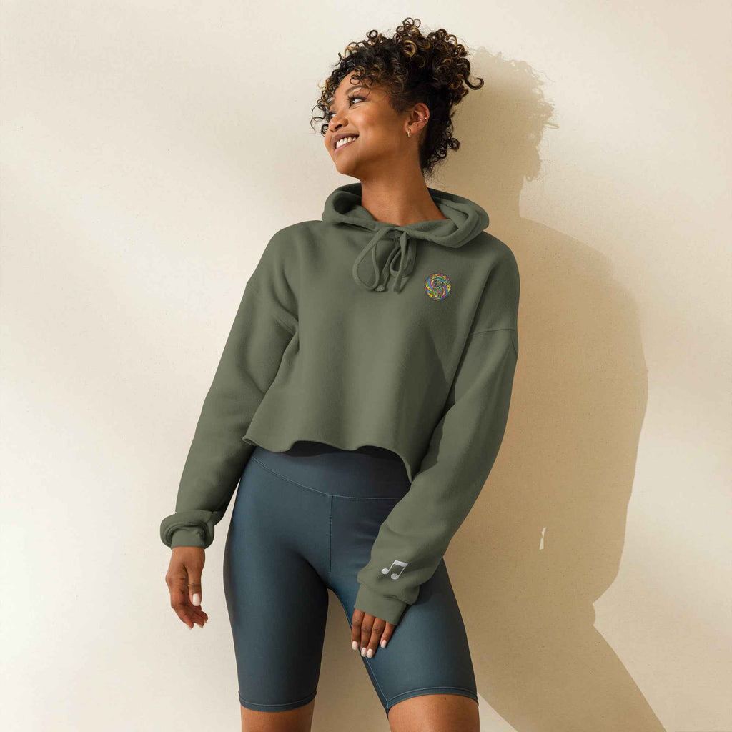 Leaky TS Sadgirl X Cosmic Pug crop hoodie in military green, front view showing graphic design and casual fit.