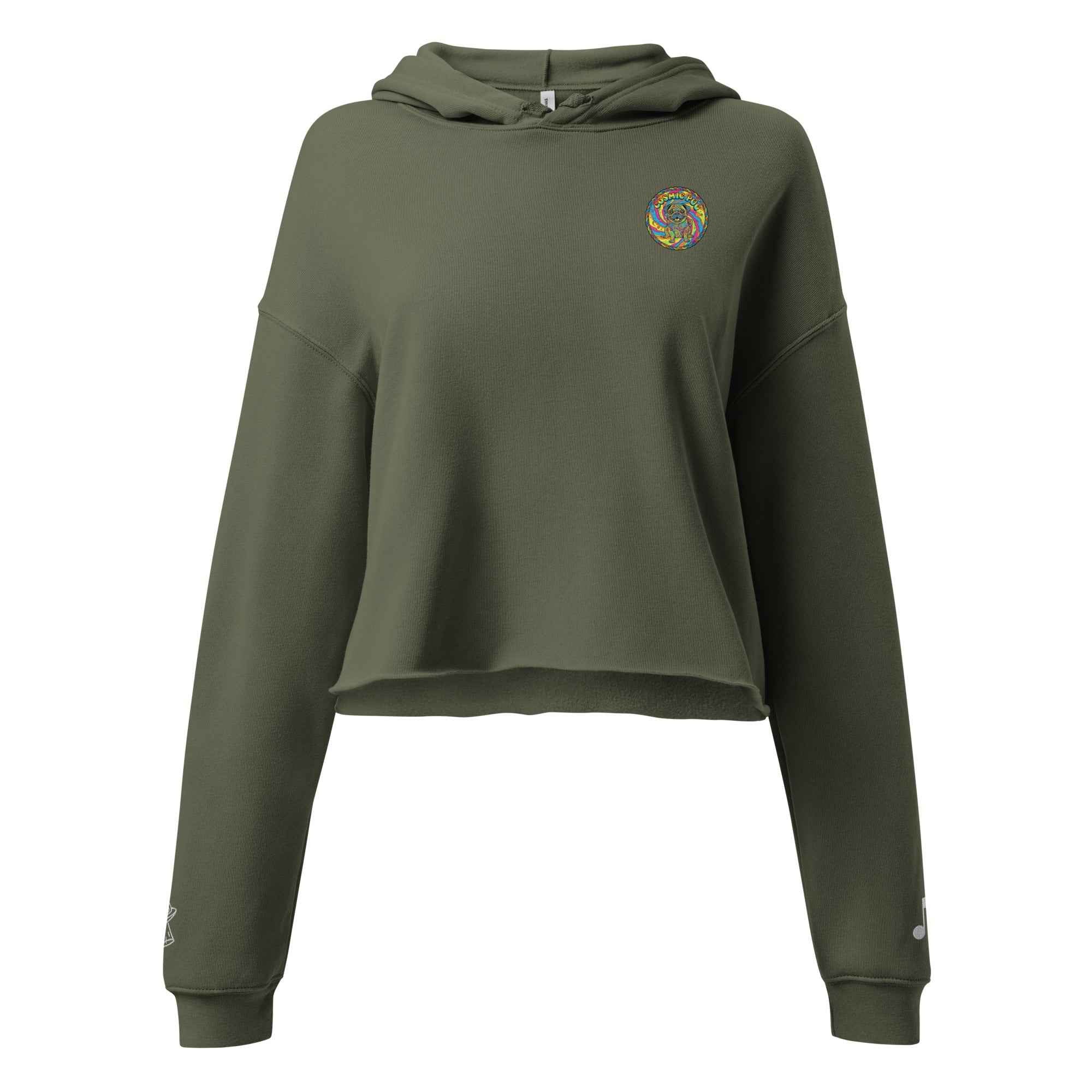 Leaky TS Sadgirl X Cosmic Pug crop hoodie for women in military green, front view showing graphic design and cropped fit.