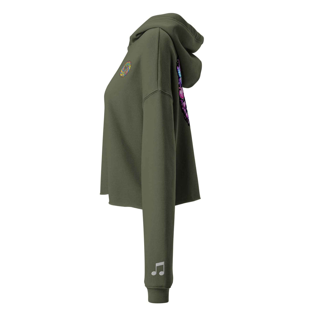 Leaky TS Sadgirl X Cosmic Pug crop hoodie for women in military green, featuring a cosmic pug graphic on the front.