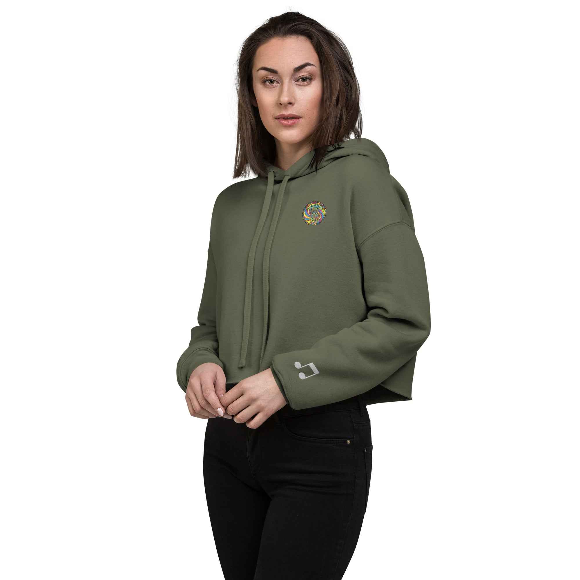 Leaky TS Sadgirl X cosmic pug crop hoodie for women in military green, showing front view with graphic design.