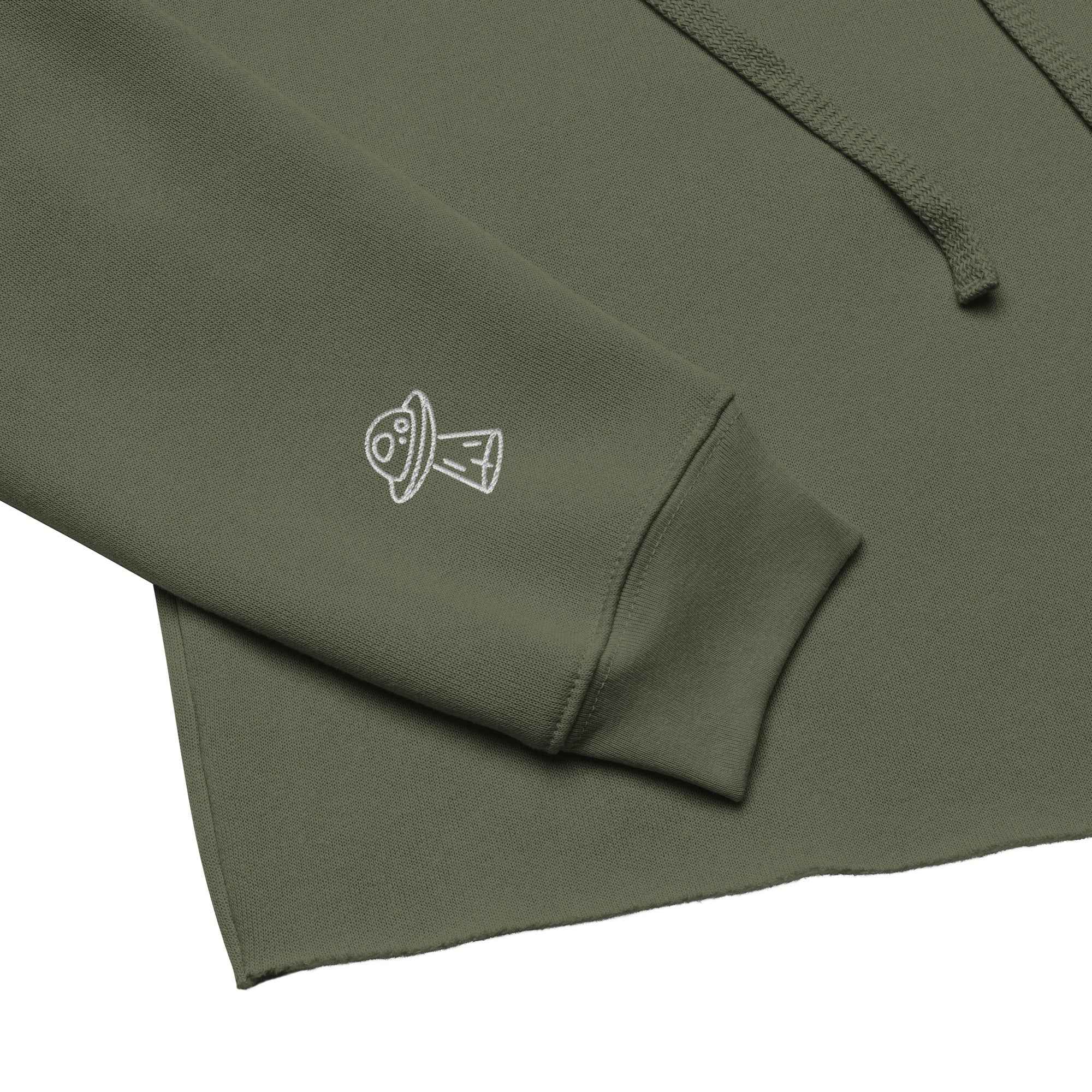 Leaky TS Sadgirl X Cosmic Pug crop hoodie in military green, featuring a graphic design, for women's casual streetwear style.