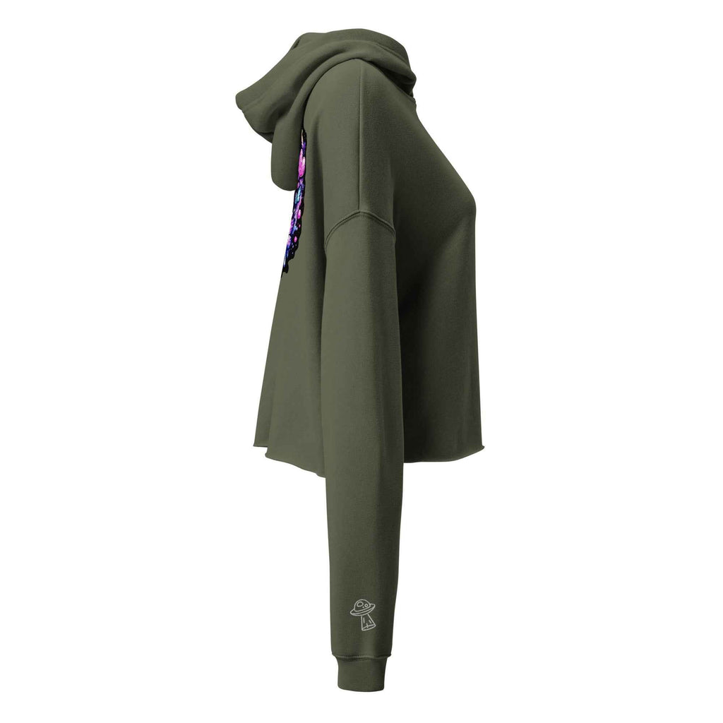 Leaky ts Sadgirl X cosmic pug crop hoodie for women in military green, featuring a cosmic pug graphic on the front.
