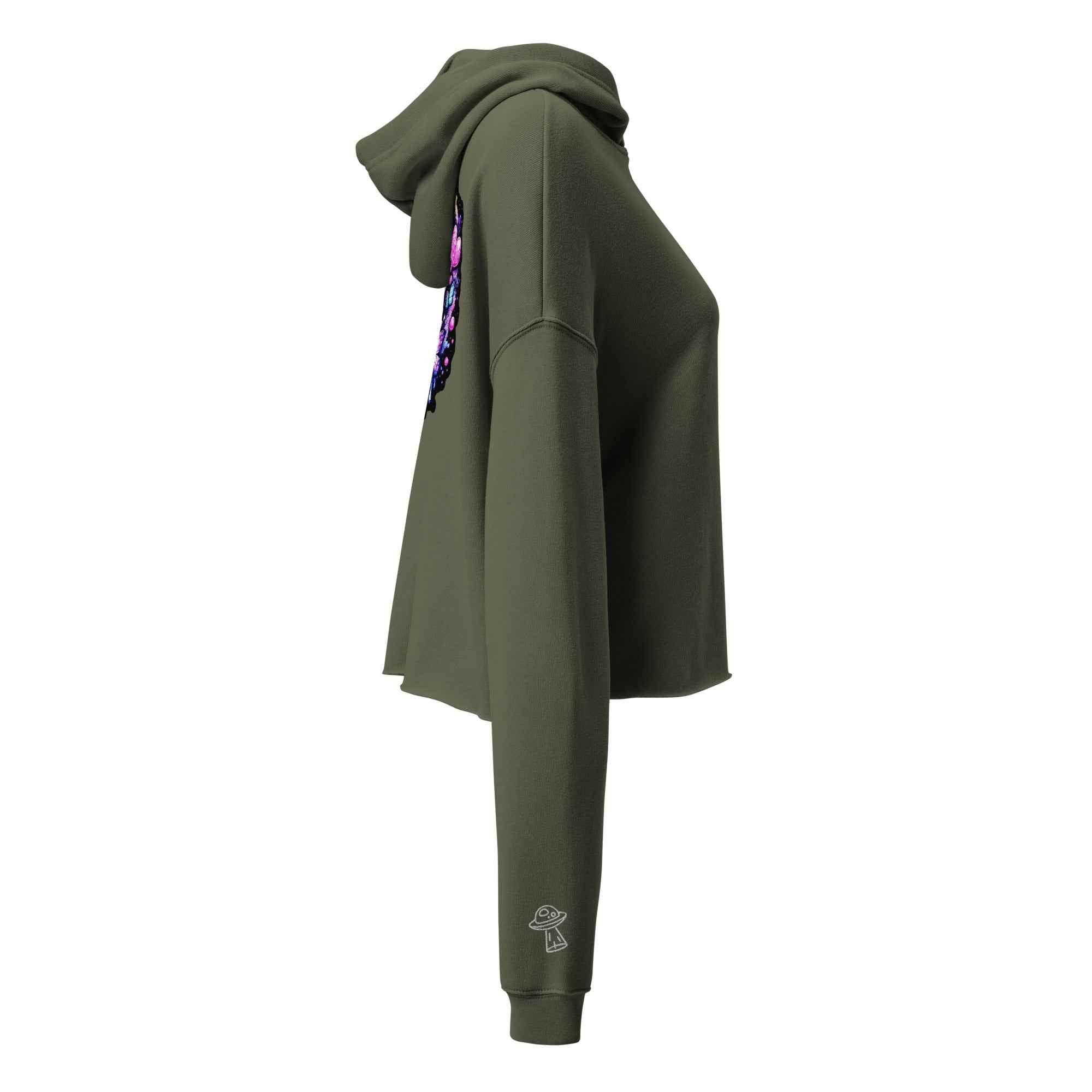 Leaky ts Sadgirl X cosmic pug crop hoodie for women in military green, featuring a cosmic pug graphic on the front.