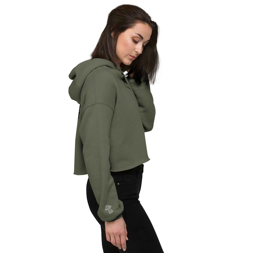 Leaky Ts Sadgirl X cosmic pug crop hoodie for women in military green, front view showing graphic design and cropped fit.