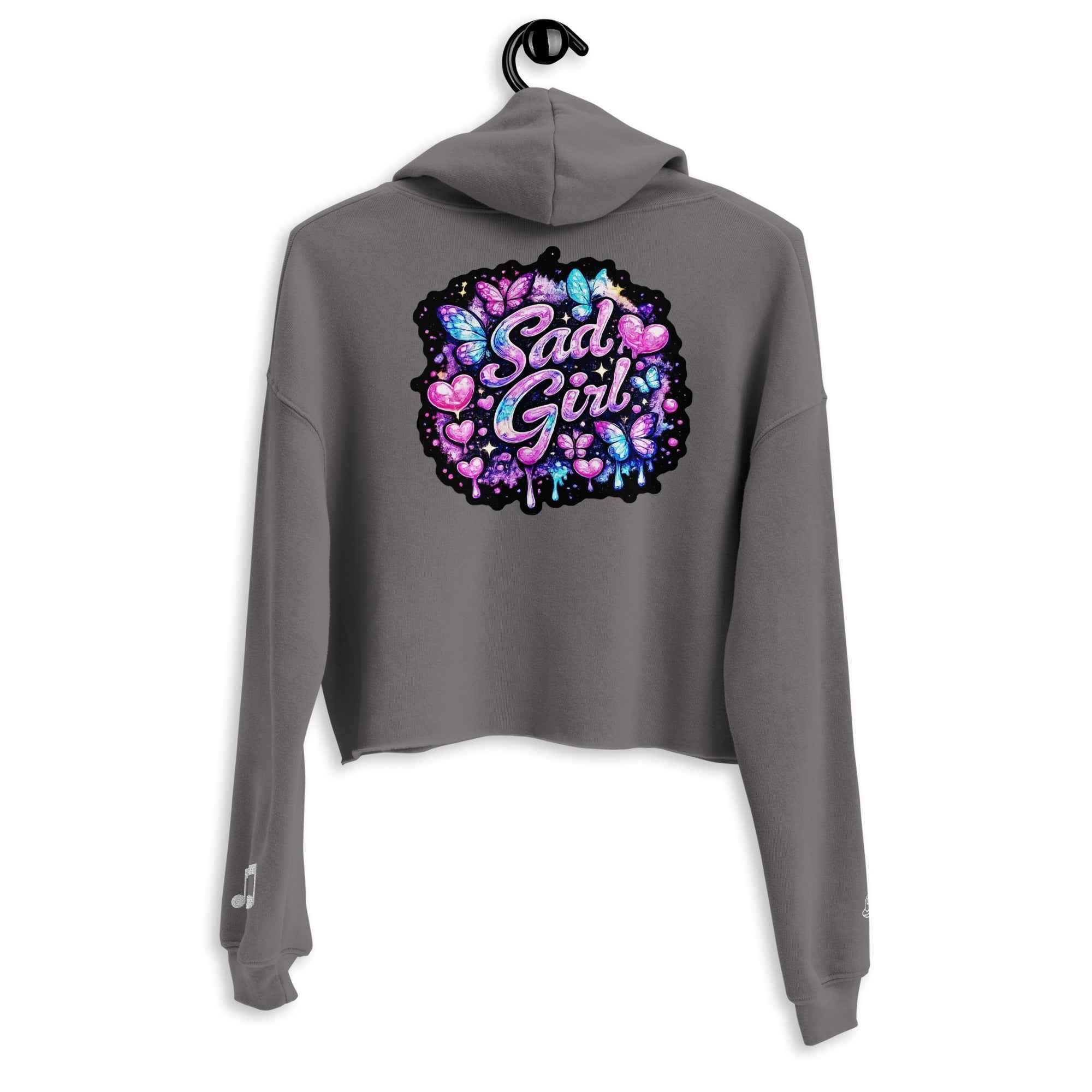 Leaky Ts Sadgirl X Cosmic Pug crop hoodie for women, storm-themed design, with a visible back view and graphic details.
