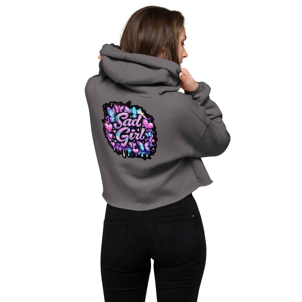Leaky ts Sadgirl X Cosmic Pug crop hoodie for women, featuring a storm-themed back design and casual streetwear style.