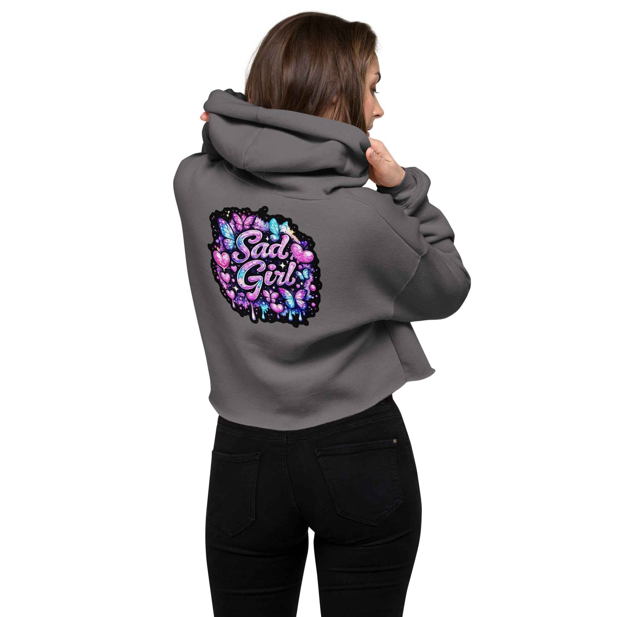 Leaky ts Sadgirl X Cosmic Pug crop hoodie for women, featuring a storm-themed back design and casual streetwear style.