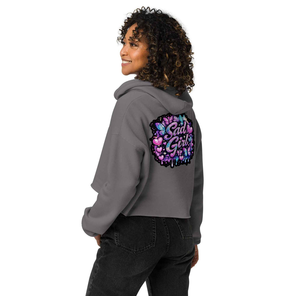 Leaky TS Sadgirl X Cosmic Pug crop hoodie for women, stormy design with cosmic pug graphic on the back.