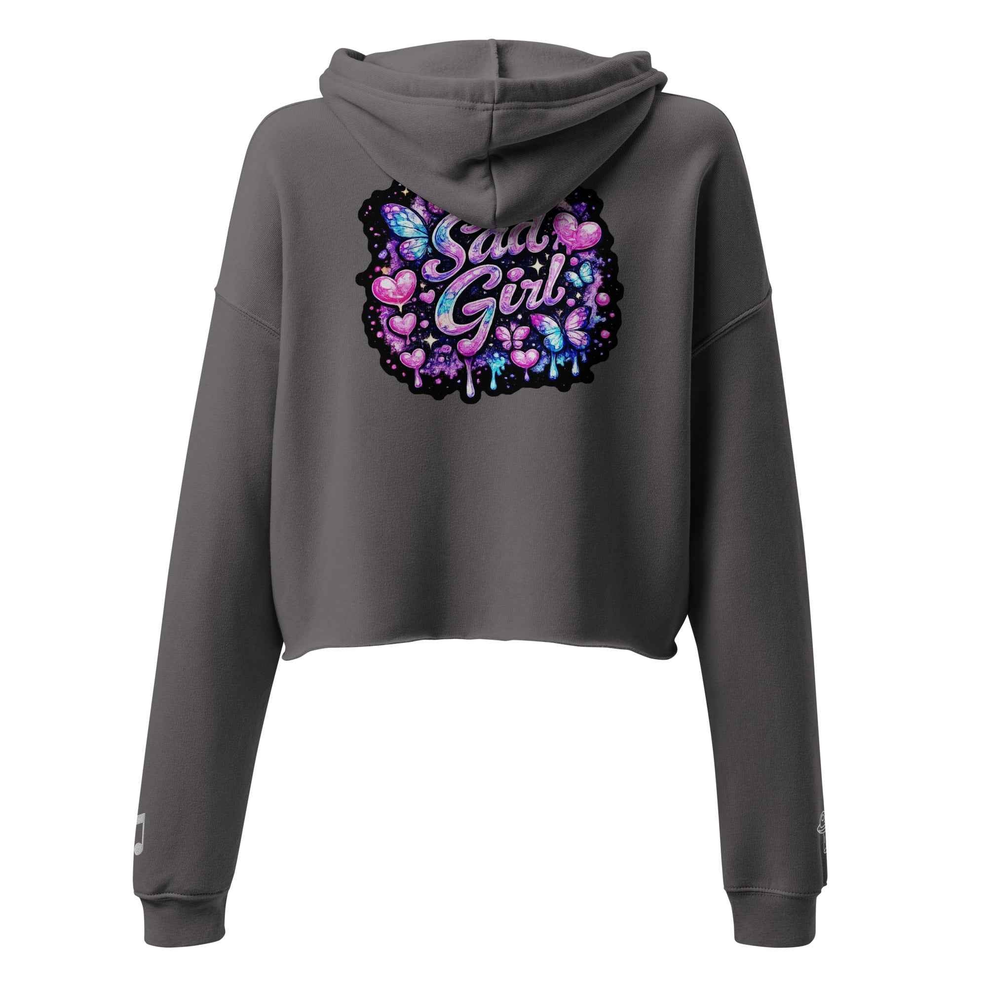 Leaky Ts Sadgirl X Cosmic Pug crop hoodie for women, featuring cosmic pug graphic on storm-colored back.