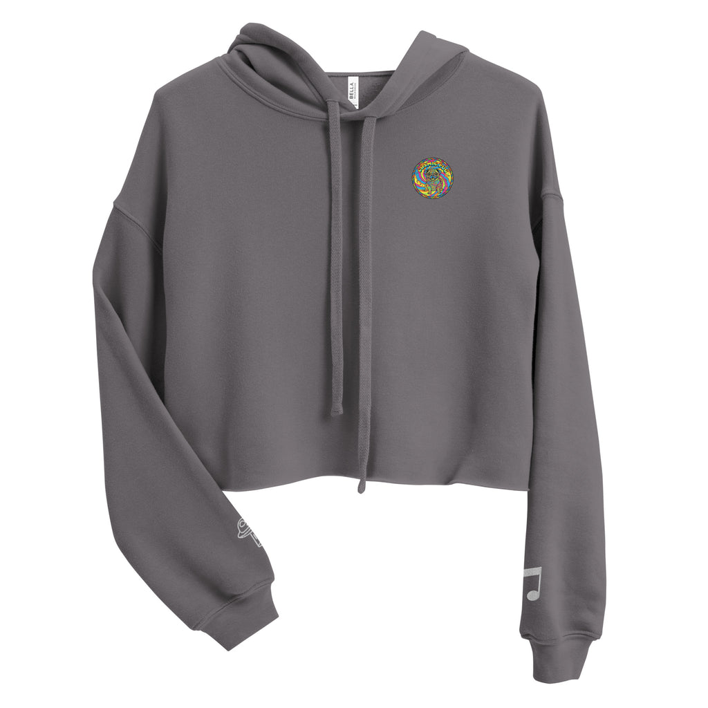 Leaky Ts Sadgirl X Cosmic Pug crop hoodie for women, front view showcasing storm graphic and cropped fit
