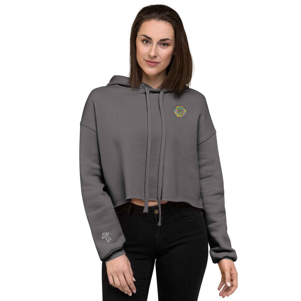 Leaky TS Sadgirl X Cosmic Pug crop hoodie for women with storm front design, featuring a cosmic pug graphic on the front.