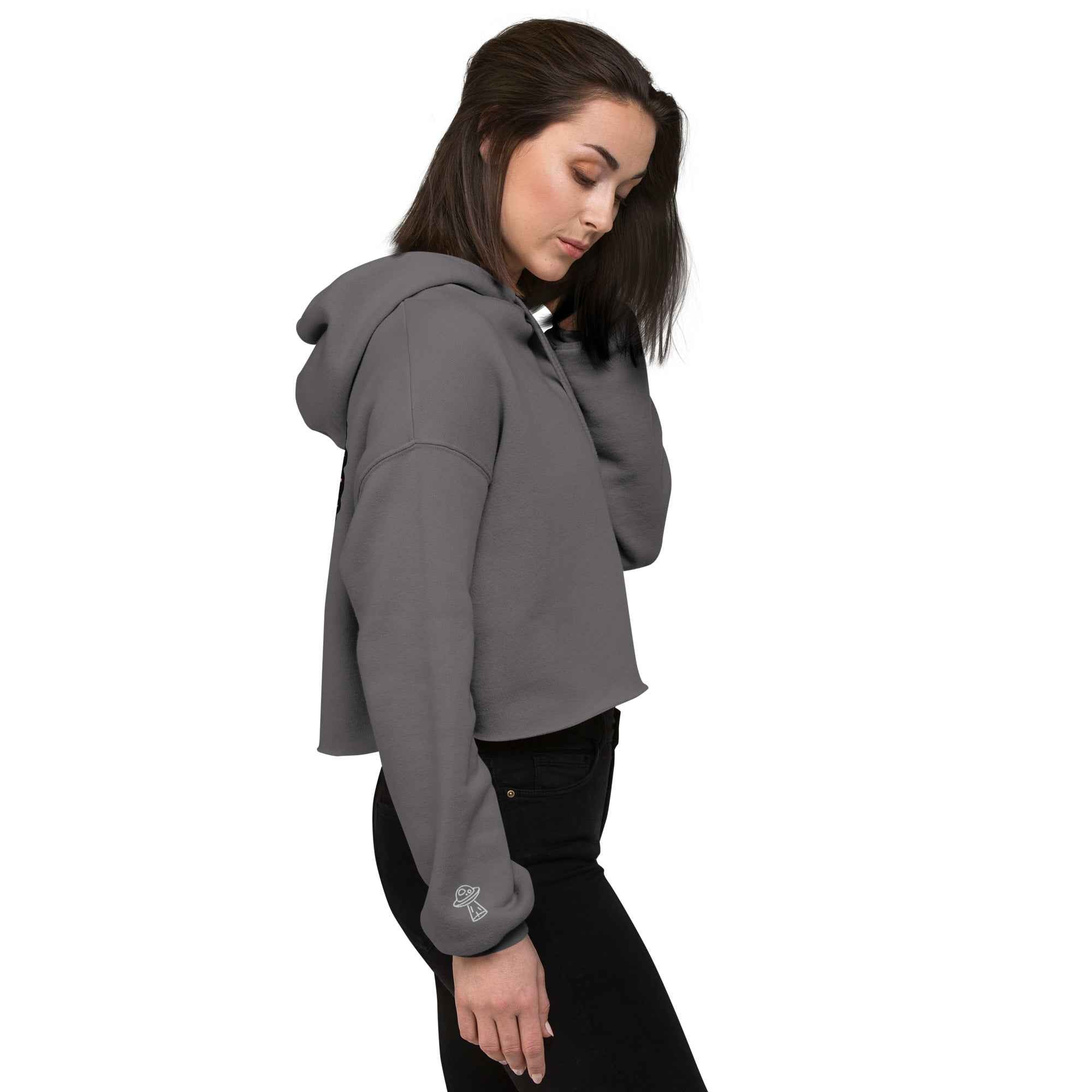 Leaky Ts Sadgirl X Cosmic Pug crop hoodie for women, storm grey with front graphic, casual streetwear style.